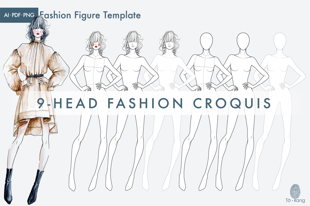 Female Figure Templates for Fashion Illustrations, 9-Head Fashion Croquis - Image 2