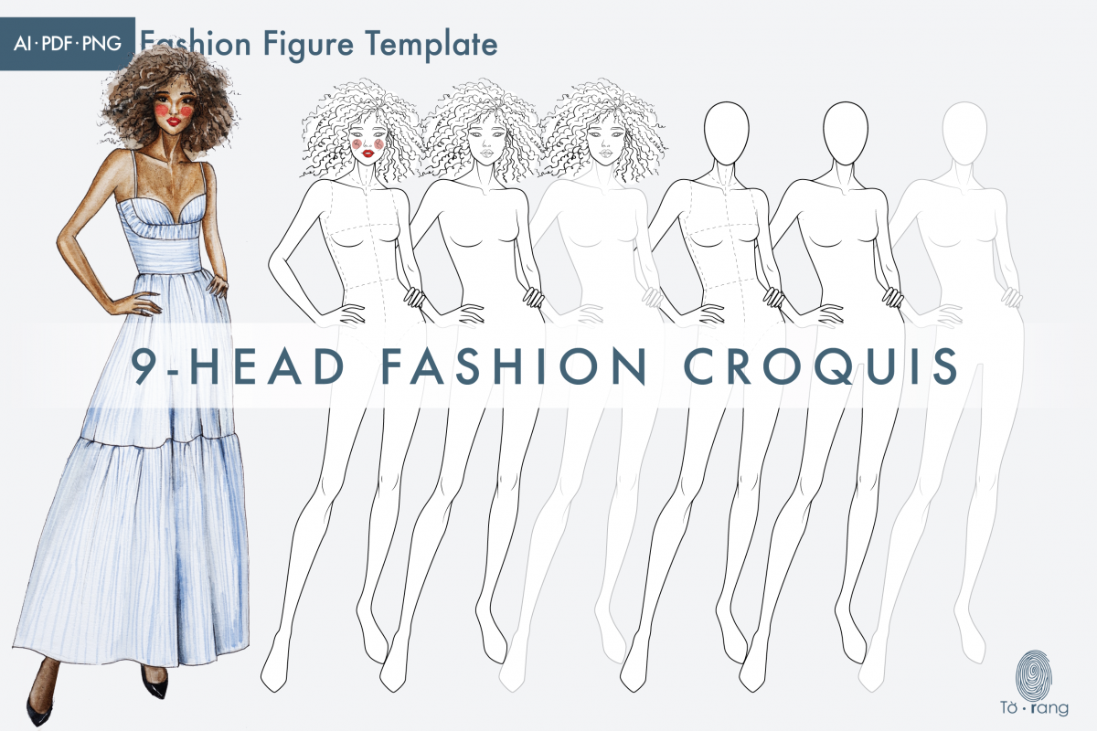Female Fashion Croquis Template, 9-Head Fashion Figure, Curly Hair - Image 2
