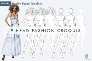 Female Fashion Croquis Template, 9-Head Fashion Figure, Curly Hair - Image 2