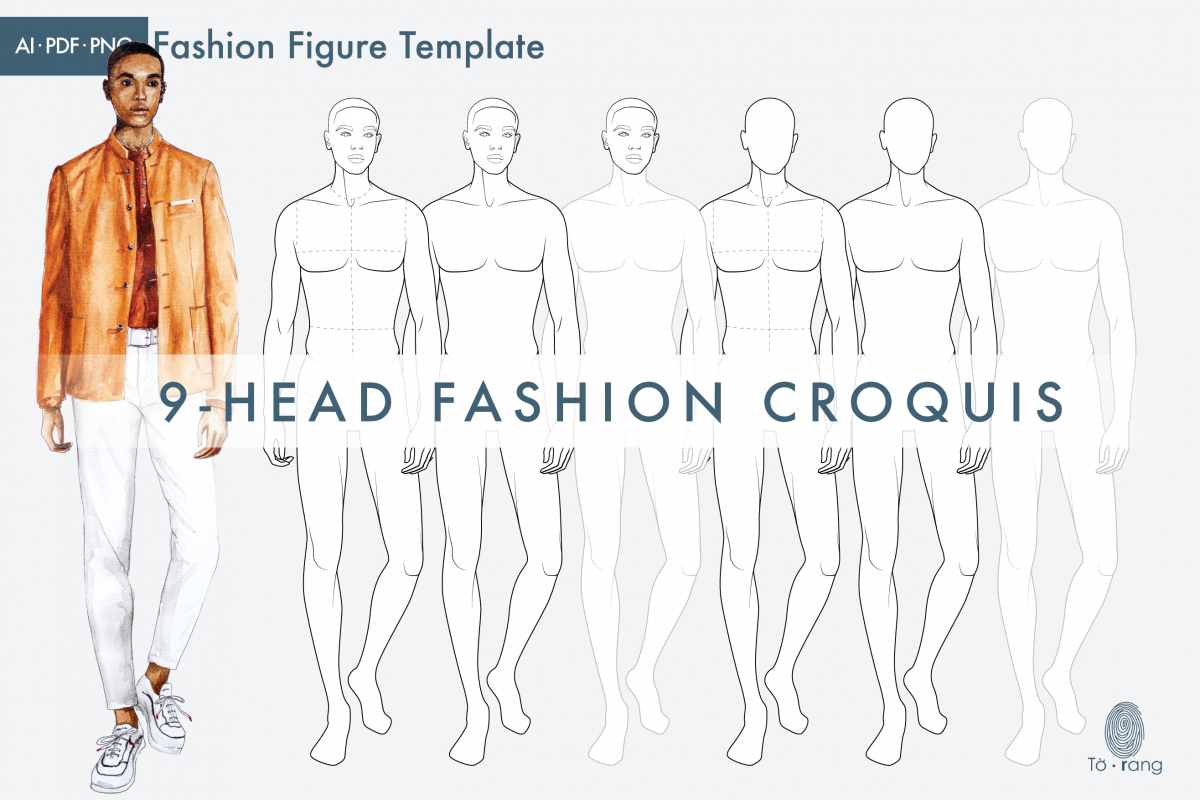 Male Fashion Figure Template, 9-Head Fashion Croquis, Catwalk Pose ...