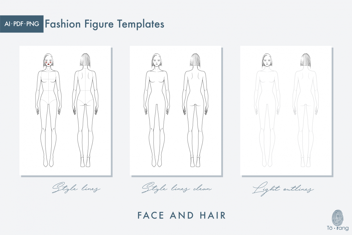 Female Fashion Figure Templates, 9 Head Fashion Croquis, Front and Back - Image 3