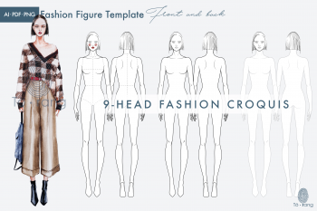 Female Fashion Figure Templates, 9 Head Fashion Croquis, Front and Back - Image 2