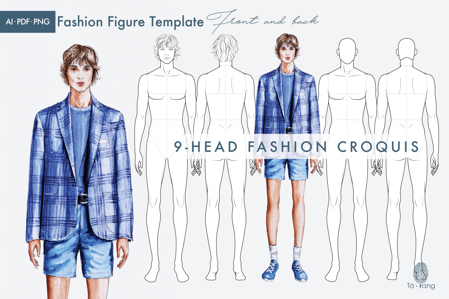 Male Fashion Figure Templates, 9 Head Fashion Croquis, Front and Back ...