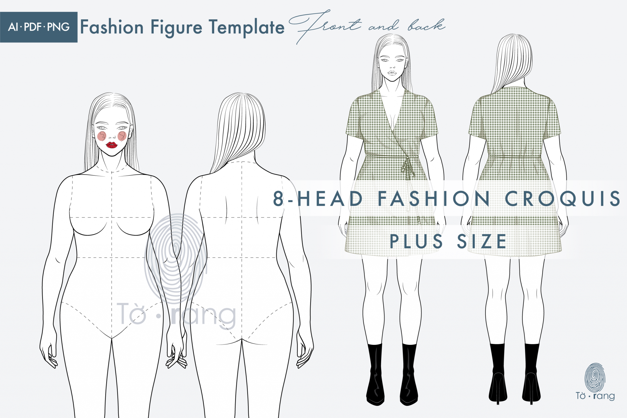 Plus Size Female Fashion Figure Templates, 8 Head Croquis, Front and