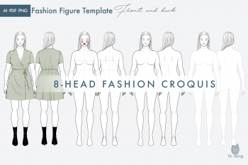 Plus Size Female Fashion Figure Templates, 8 Head Croquis, Front and Back Views - Image 2