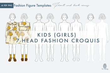 Kids (Girls) Fashion Figure Templates, Children's Croquis, 7-Head Fashion Croquis, Front and Back Views, Fashion Illustration - Image 2