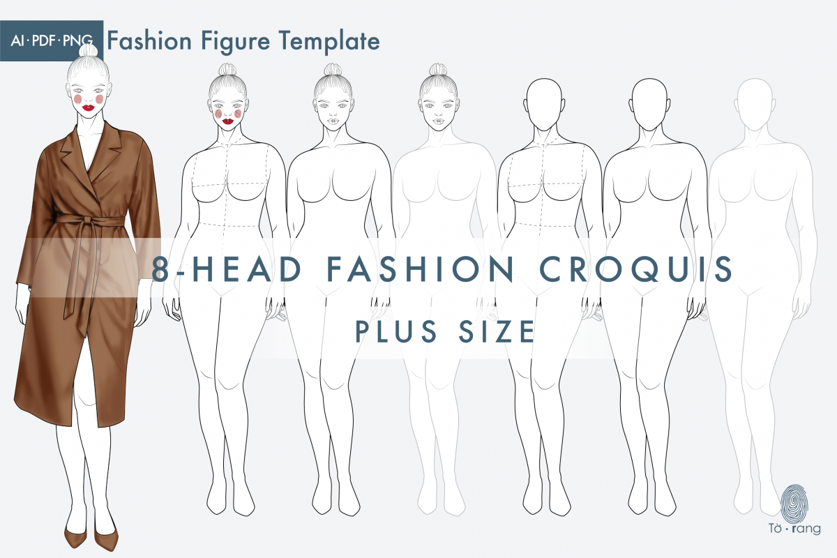 Plus Size Female Fashion Figure Templates, 8 Head Fashion Croquis - Image 2