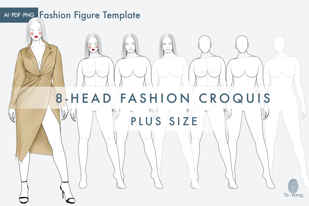 Plus Size Female Figure Templates for Fashion Illustrations, 8-Head Fashion Croquis - Image 3