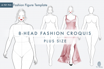 Female Plus Size Fashion Croquis, Catwalk Model, Figure Templates for Fashion Illustrations, 8 Head
