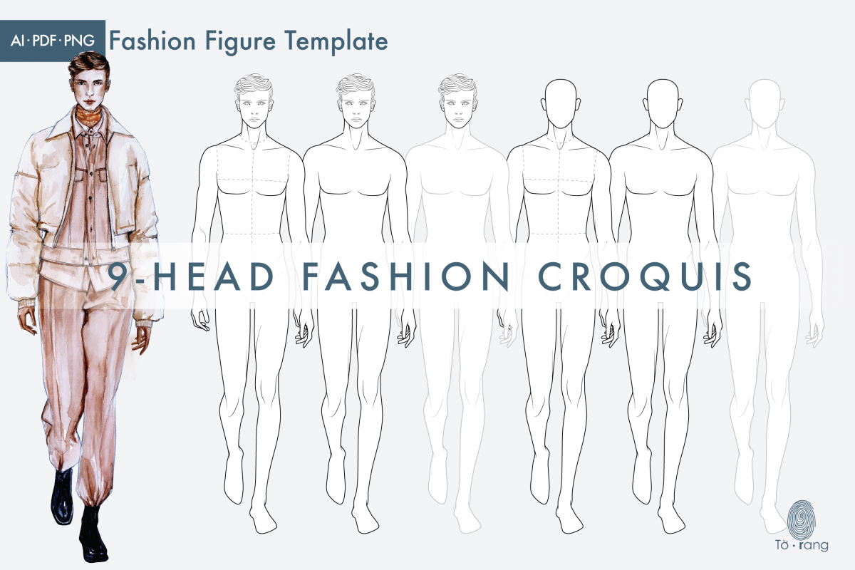 Male Fashion Figure Templates, 9-Head Fashion Croquis, Catwalk Pose - Image 2