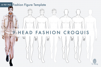 Male Fashion Figure Templates, 9-Head Fashion Croquis, Catwalk Pose - Image 2