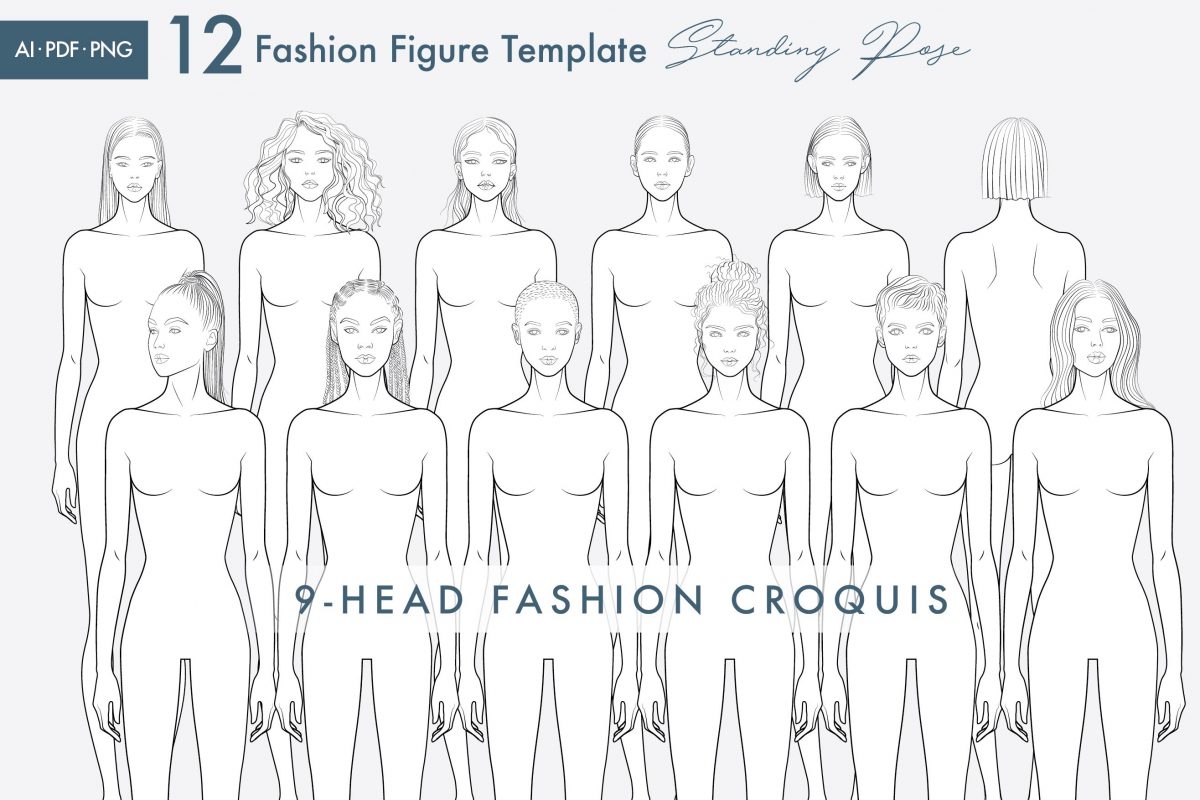 Female Standing Pose Croquis Bundle, 9-Head Fashion Figure, Female Croquis, Fashion Illustration, Hairstyle Templates, Front and Back Views - Image 2