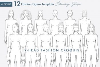 Female Standing Pose Croquis Bundle, 9-Head Fashion Figure, Female Croquis, Fashion Illustration, Hairstyle Templates, Front and Back Views - Image 2