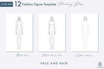Female Standing Pose Croquis Bundle, 9-Head Fashion Figure, Female Croquis, Fashion Illustration, Hairstyle Templates, Front and Back Views - Image 7