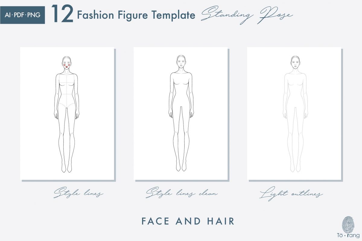 Female Standing Pose Croquis Bundle, 9-Head Fashion Figure, Female Croquis, Fashion Illustration, Hairstyle Templates, Front and Back Views - Image 8