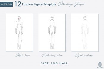 Female Standing Pose Croquis Bundle, 9-Head Fashion Figure, Female Croquis, Fashion Illustration, Hairstyle Templates, Front and Back Views - Image 8