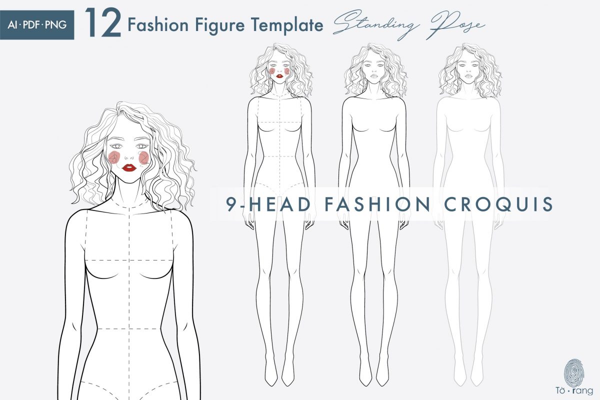 Female Standing Pose Croquis Bundle, 9-Head Fashion Figure, Female Croquis, Fashion Illustration, Hairstyle Templates, Front and Back Views - Image 5