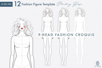 Female Standing Pose Croquis Bundle, 9-Head Fashion Figure, Female Croquis, Fashion Illustration, Hairstyle Templates, Front and Back Views - Image 5