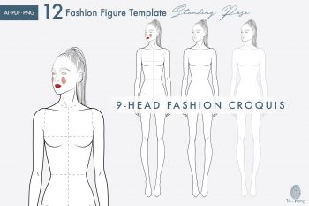 Female Standing Pose Croquis Bundle, 9-Head Fashion Figure, Female Croquis, Fashion Illustration, Hairstyle Templates, Front and Back Views - Image 4