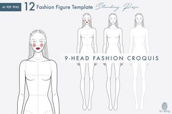 Female Standing Pose Croquis Bundle, 9-Head Fashion Figure, Female Croquis, Fashion Illustration, Hairstyle Templates, Front and Back Views - Image 6