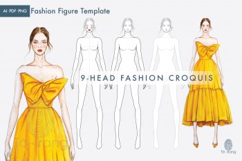 Female Fashion Figure Template, 9-Head Fashion Croquis, Croquis Templates for Fashion Illustrations, Croquis Vector