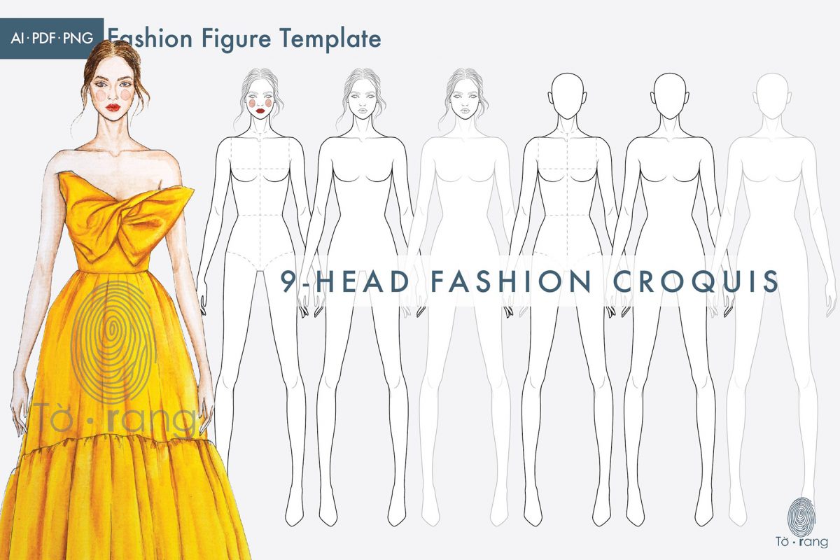 Female Fashion Figure Template, 9-Head Fashion Croquis, Croquis Templates for Fashion Illustrations, Croquis Vector - Image 2