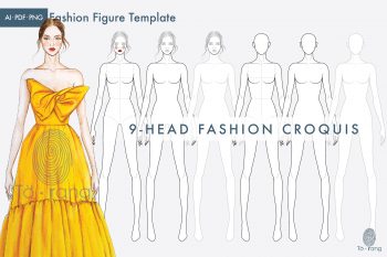 Female Fashion Figure Template, 9-Head Fashion Croquis, Croquis Templates for Fashion Illustrations, Croquis Vector - Image 2
