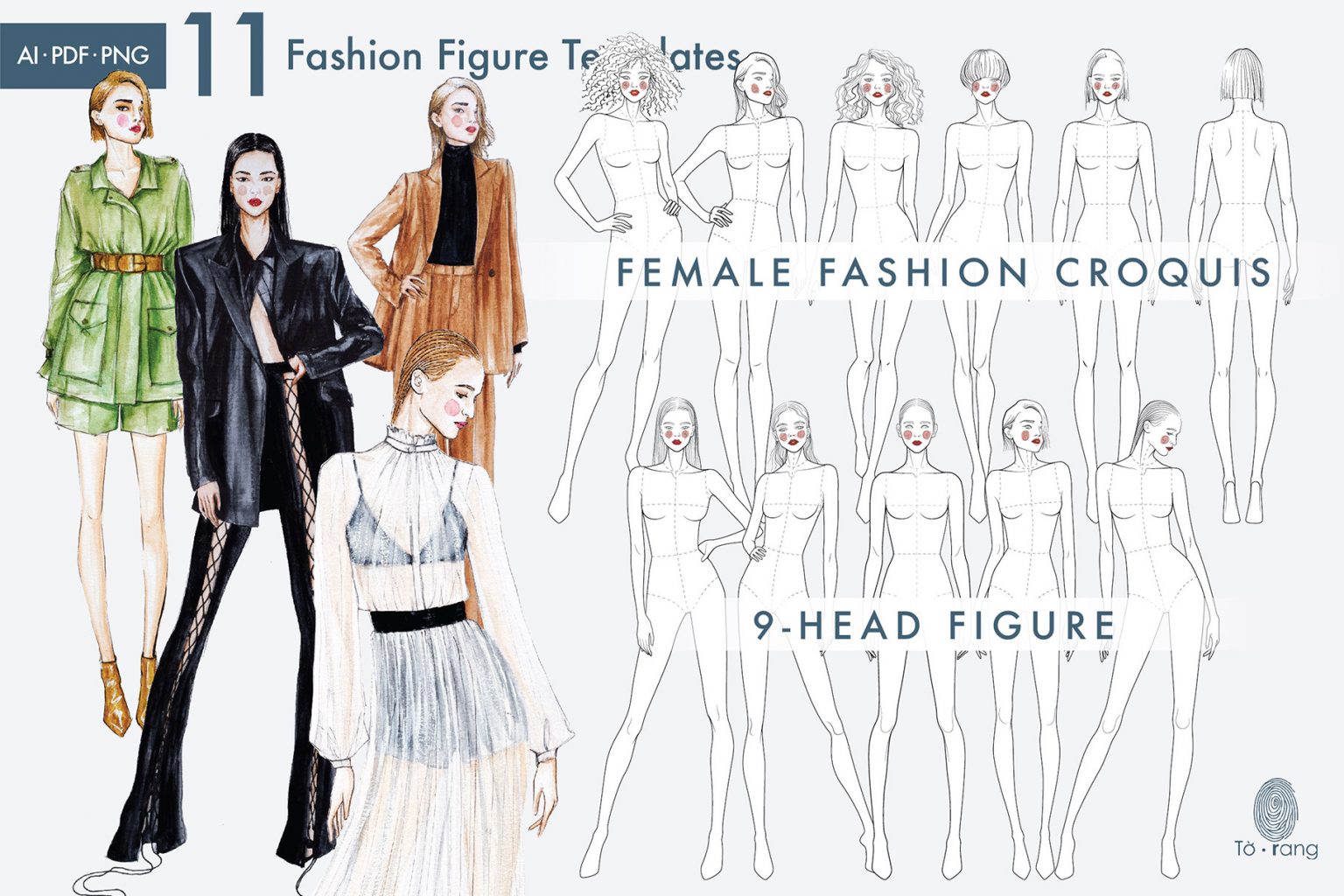 Female Fashion Figure Template, 9-Head Fashion Croquis, Croquis ...