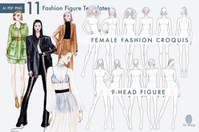 Female Fashion Croquis Templates, Curly Hair, Catwalk Pose, 10-Head ...