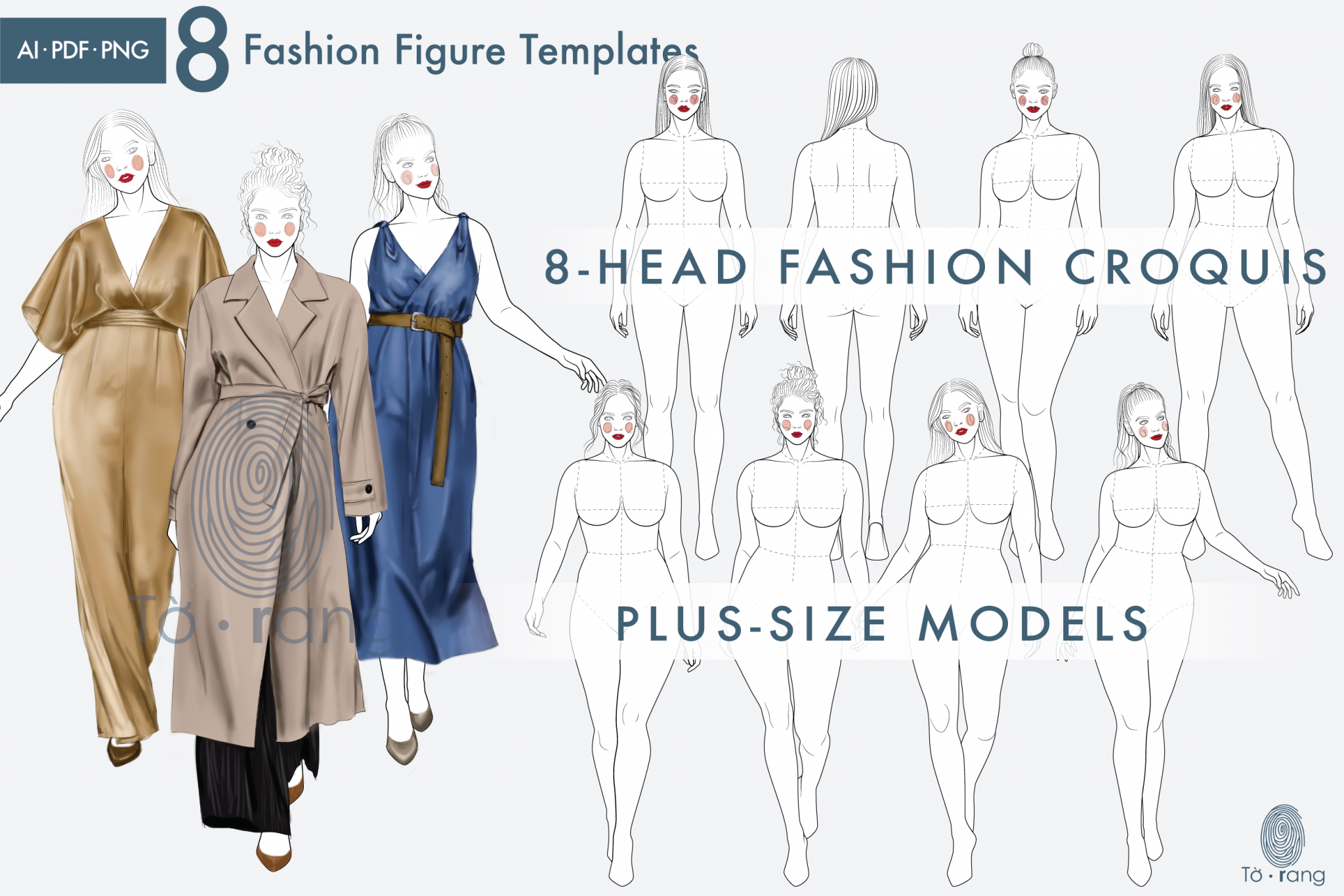 8 Female Plus Size Fashion Figure Templates, Curvy Croqui Templates, 8