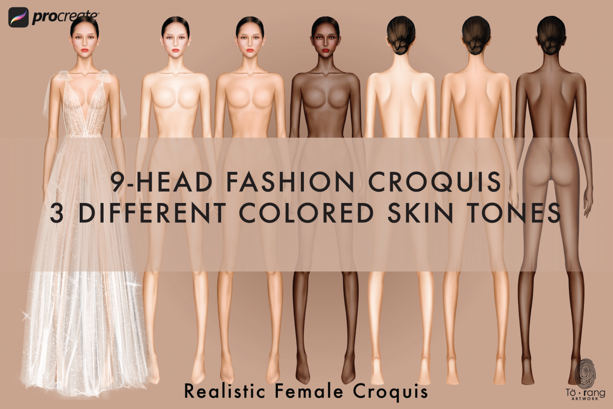 Female Fashion Croquis Templates, Front and Back, 3 Different Colored Skin Tones, 9-Head Fashion Figure, Fashion Illustration - Image 2