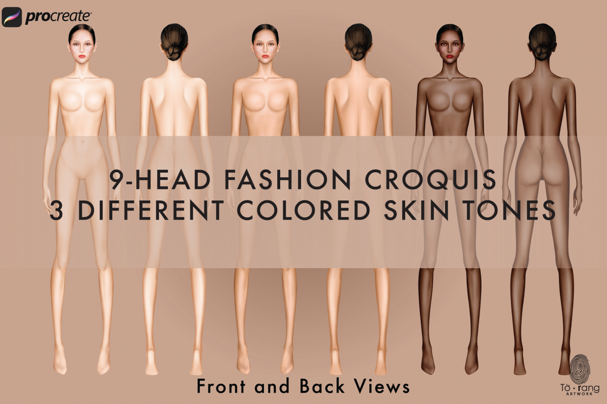 Female Fashion Croquis Templates, Front and Back, 3 Different Colored Skin Tones, 9-Head Fashion Figure, Fashion Illustration - Image 3