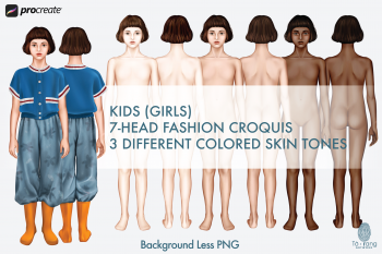 Kids (Girls) Fashion Figure Templates, 3 Different Colored Skin Tones, Children's Croquis, 7-Head Fashion Croquis, Front and Back Views