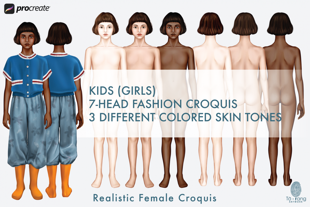 Kids (Girls) Fashion Figure Templates, 3 Different Colored Skin Tones, Children's Croquis, 7-Head Fashion Croquis, Front and Back Views - Image 2