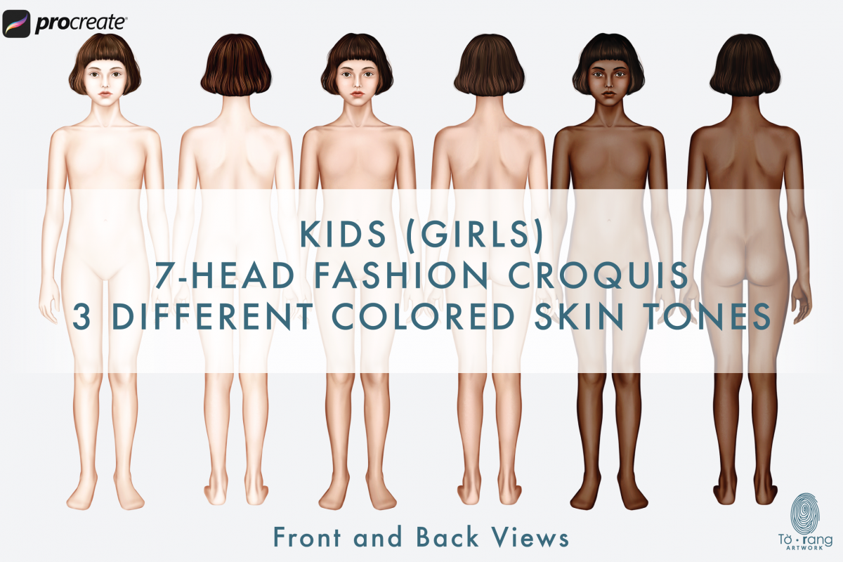 Kids (Girls) Fashion Figure Templates, 3 Different Colored Skin Tones, Children's Croquis, 7-Head Fashion Croquis, Front and Back Views - Image 3