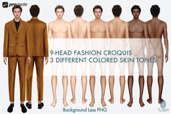 Male Fashion Croquis Templates, Front and Back, 3 Different Colored Skin Tones, 9-Head Fashion Figure, Fashion Illustration