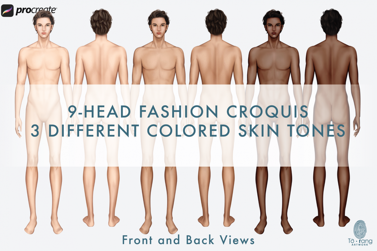 Male Fashion Croquis Templates, Front and Back, 3 Different Colored Skin Tones, 9-Head Fashion Figure, Fashion Illustration - Image 3