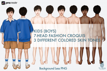 Kids (Boys) Fashion Figure Templates, 3 Different Colored Skin Tones, Children's Croquis, 7-Head Fashion Croquis, Front and Back Views