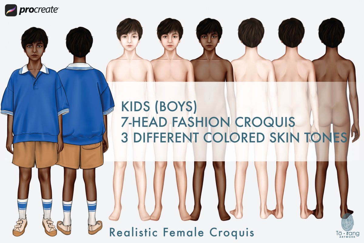 Kids (Boys) Fashion Figure Templates, 3 Different Colored Skin Tones, Children's Croquis, 7-Head Fashion Croquis, Front and Back Views - Image 2