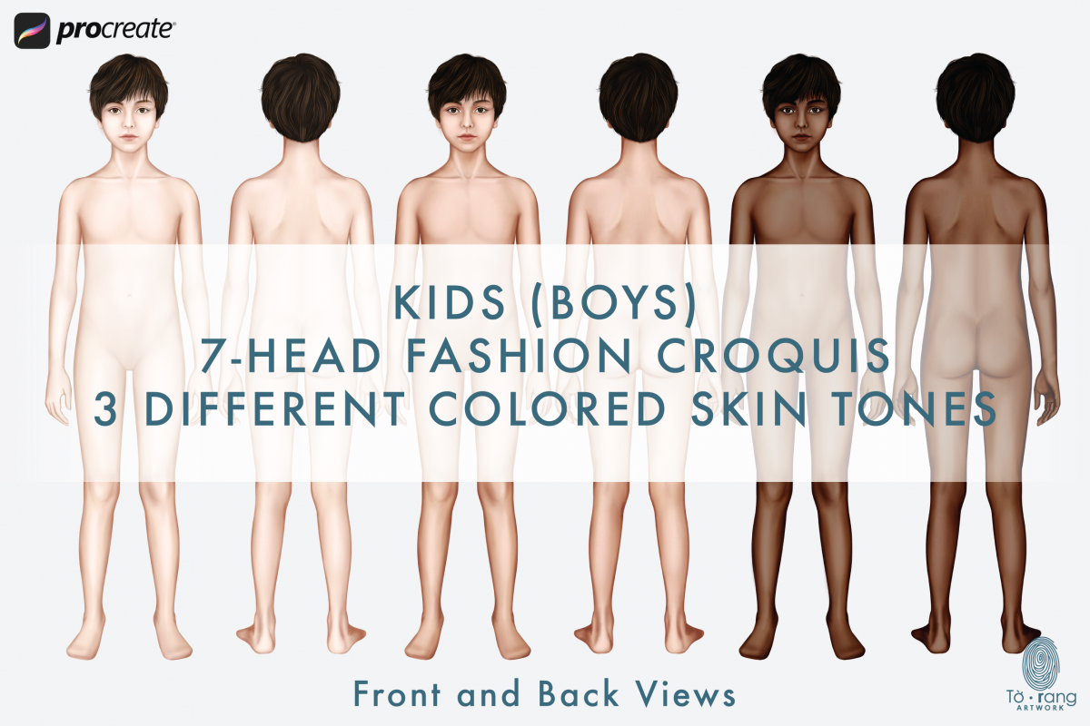 Kids (Boys) Fashion Figure Templates, 3 Different Colored Skin Tones, Children's Croquis, 7-Head Fashion Croquis, Front and Back Views - Image 3