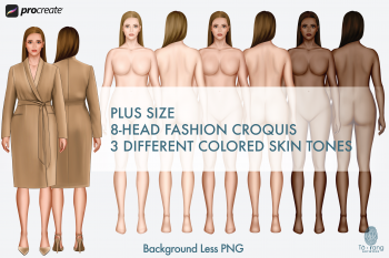 Plus Size Fashion Figure Templates, Curvy Croqui Templates, 3 Different Colored Skin Tones, 8-Head Fashion Croquis, Front and Back Views