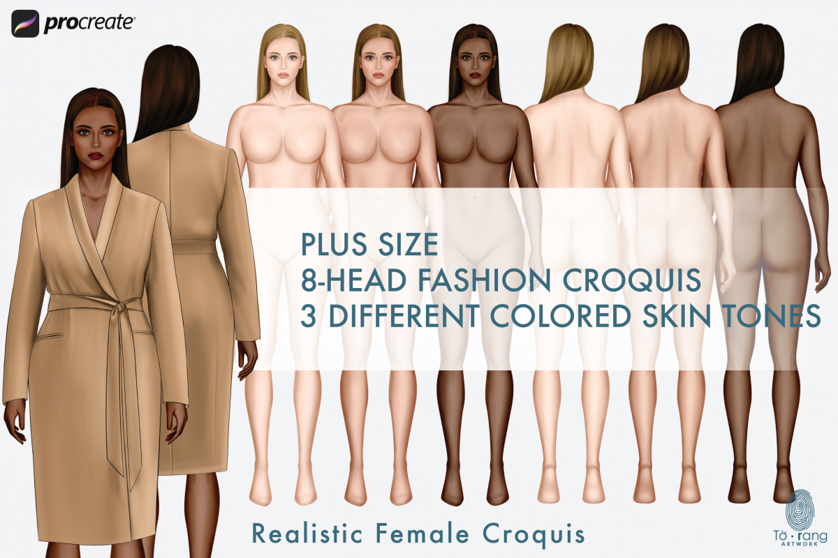 Plus Size Fashion Figure Templates, Curvy Croqui Templates, 3 Different Colored Skin Tones, 8-Head Fashion Croquis, Front and Back Views - Image 2