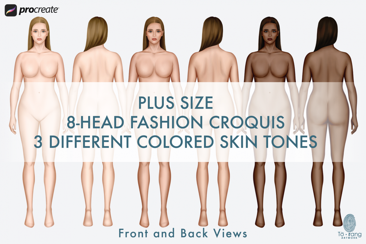 Plus Size Fashion Figure Templates, Curvy Croqui Templates, 3 Different Colored Skin Tones, 8-Head Fashion Croquis, Front and Back Views - Image 3