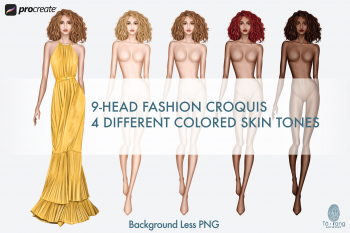 Female Fashion Figure Templates, Catwalk Model, 4 Different Colored Skin Tones, 9 Head Fashion Croquis