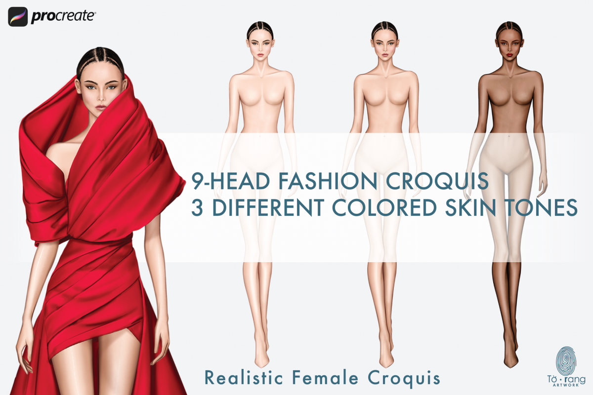 Female Fashion Croquis Templates, Runway Pose, 3 Different Colored Skin Tones, 9 Head Fashion Figure - Image 2