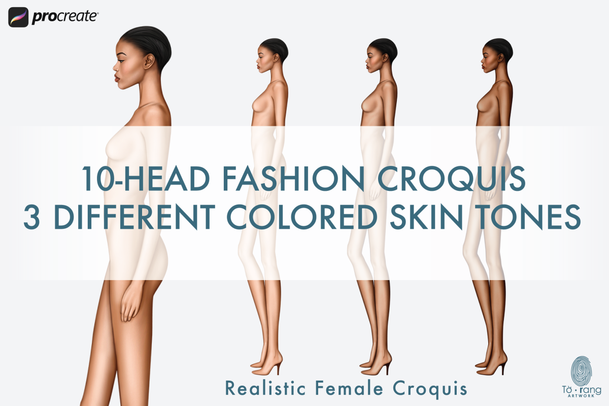 Female Fashion Croquis Templates, Side View, 10 Head Fashion Figure, 3 Different Dark Skin Tones Color - Image 2