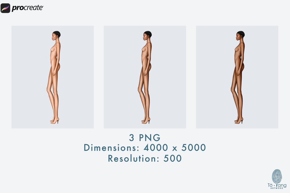 Female Fashion Croquis Templates, Side View, 10 Head Fashion Figure, 3 Different Dark Skin Tones Color - Image 3