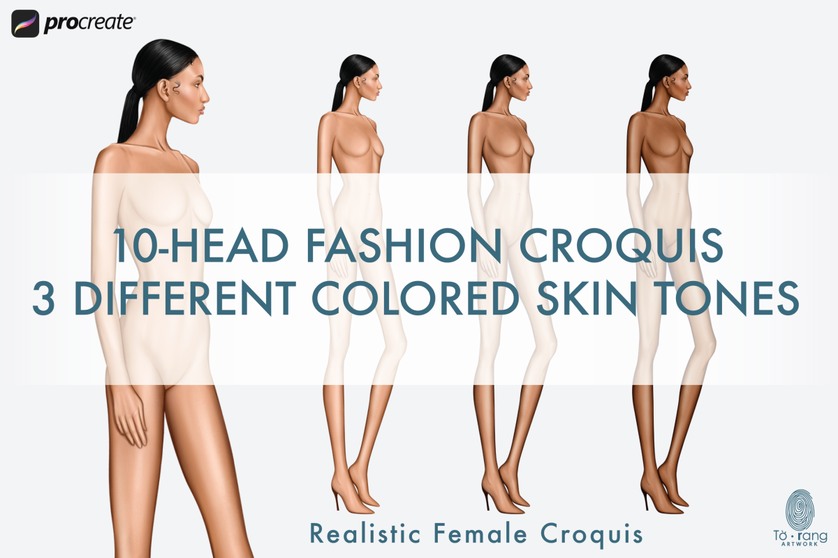Female Fashion Croquis Templates, 10 Head Fashion Figure, 3 Different Dark Skin Tones Color - Image 2