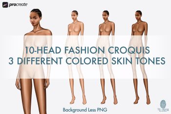 Female Fashion Croquis Templates, 3/4 View Pose, 10 Head Fashion Figure, 3 Different Dark Skin Tones Color