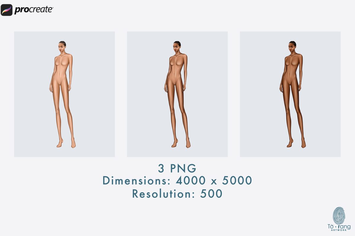 Female Fashion Croquis Templates, 3/4 View Pose, 10 Head Fashion Figure, 3 Different Dark Skin Tones Color - Image 3